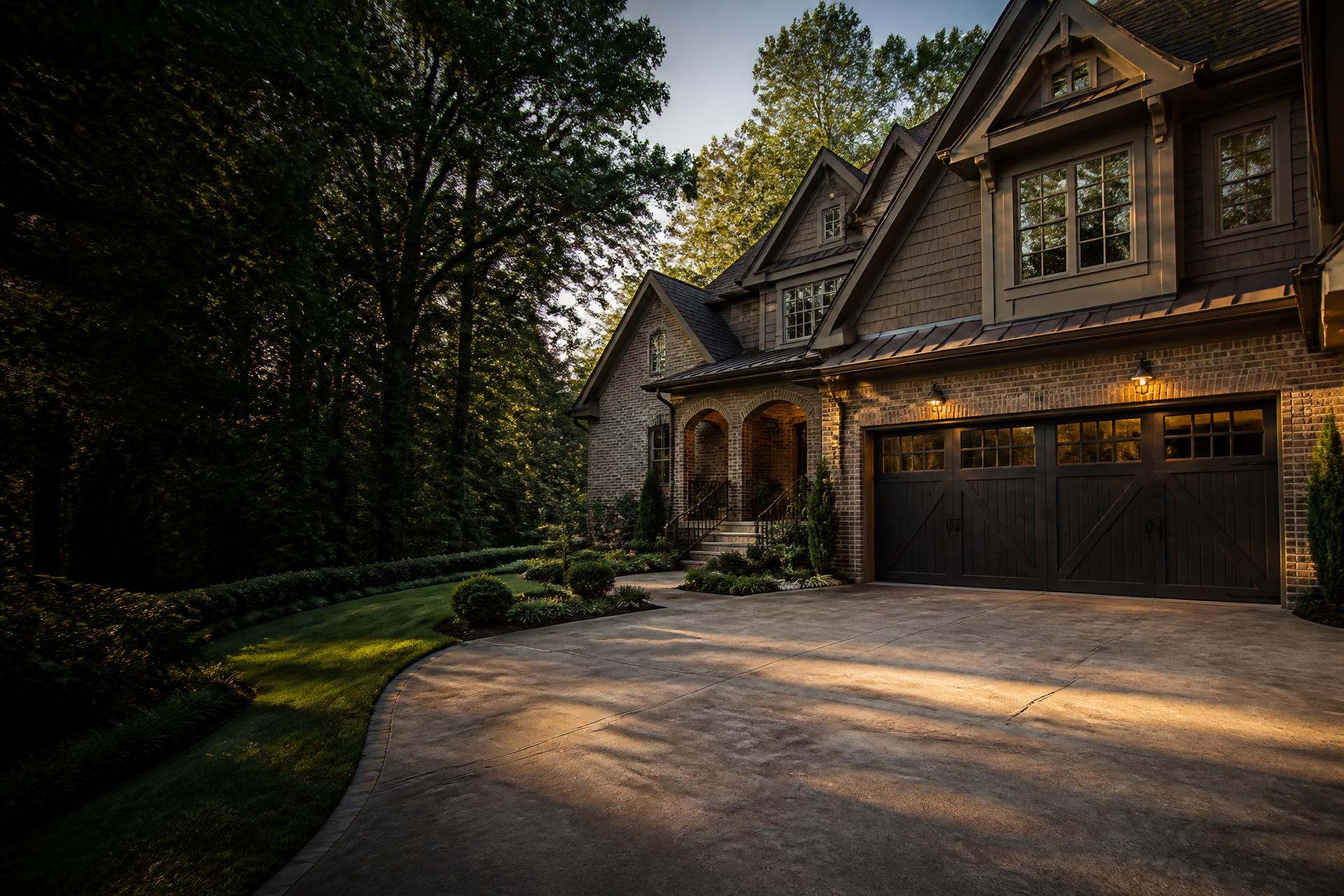 Beautiful brick home in Marietta, GA with a dark carriage-style garage door at golden hour